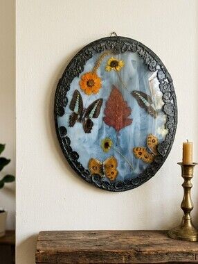 Stained Glass Butterfly and Leaves Wall Art Vintage Unique Oddities